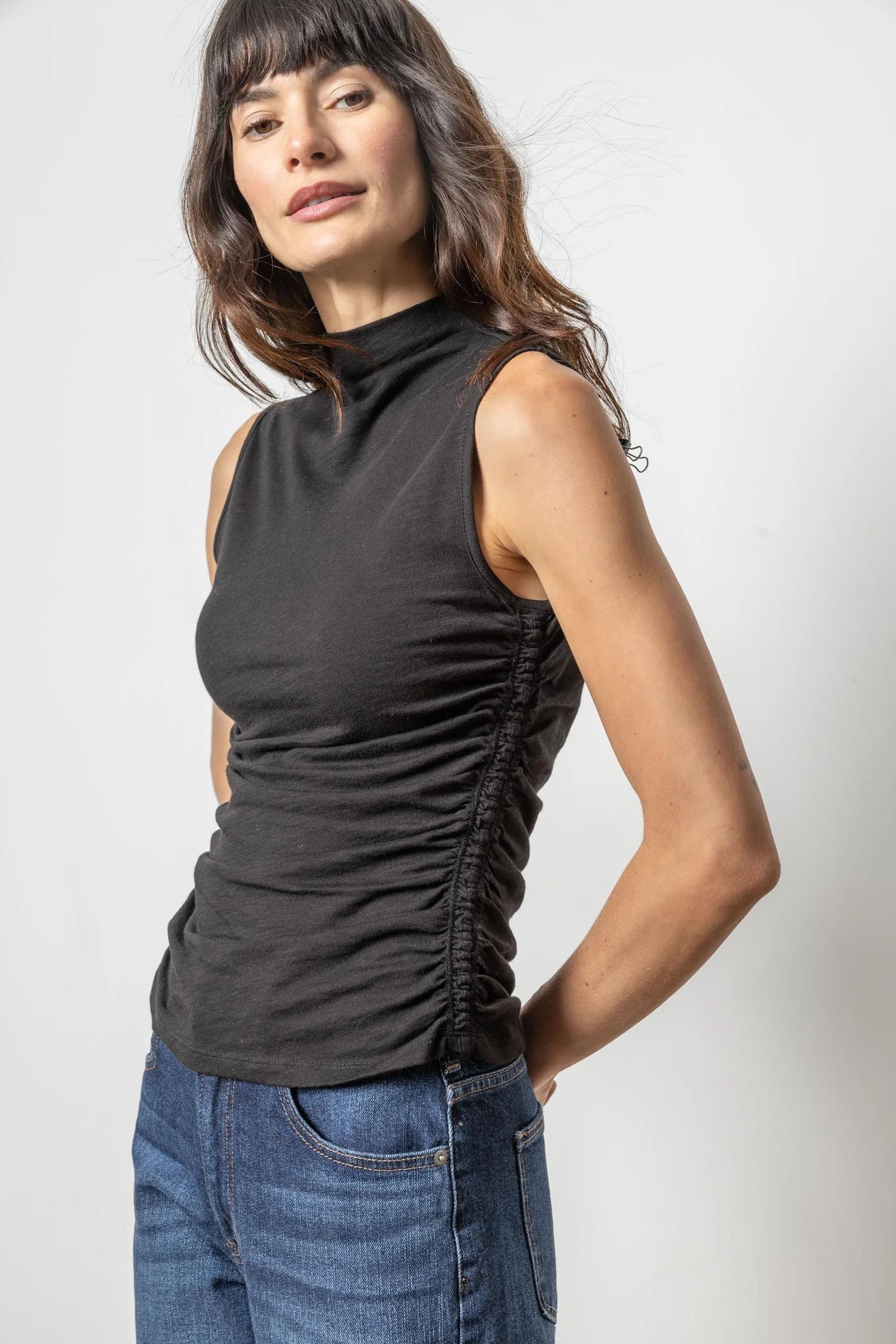 Shirred Mock Neck Tank in Black