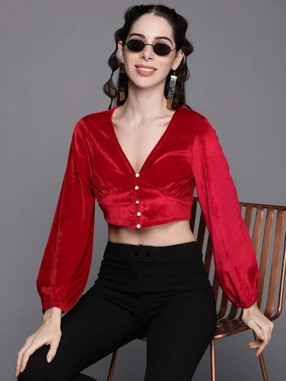 Women Red Velvet V-Neck Front Open Top