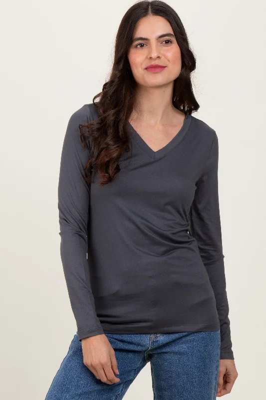 Charcoal Brushed Knit V-Neck Long Sleeve Top