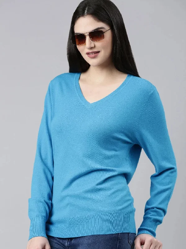 V-Neck Solid Blue Fitted Regular Top-AN-09-Blue