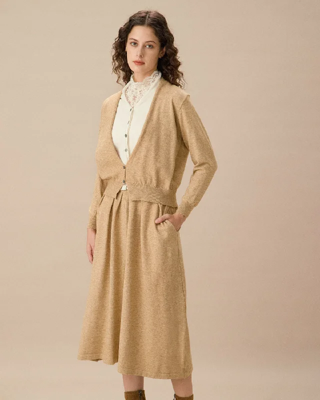 Camel V Neck Cardigan Skirt Set | Camel