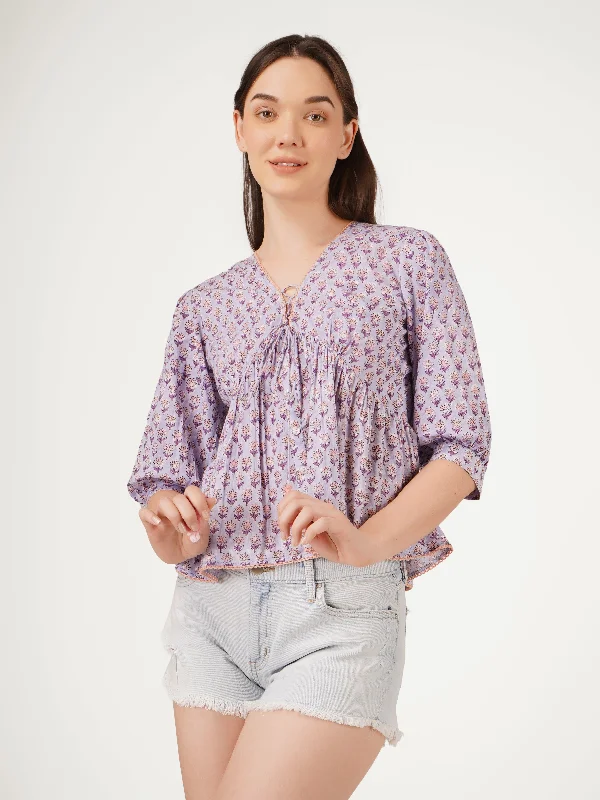 Purple Cotton Printed V-Neck Top