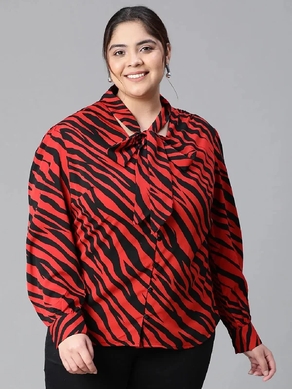 Women Plus Size  Red Animal Print V-Neck With Tie-Knot Long Sleeve Top-W23136PBL002