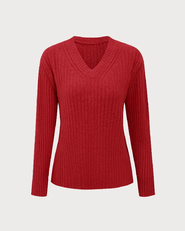 Red V-Neck Ribbed Sweater | Red