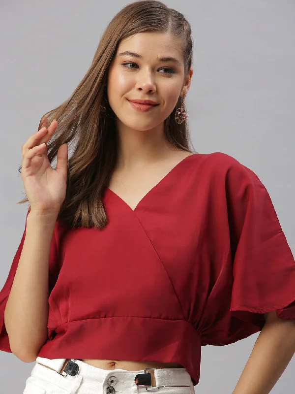 Women V-Neck Solid Maroon Cinched Waist Top-AE-10127-Maroon