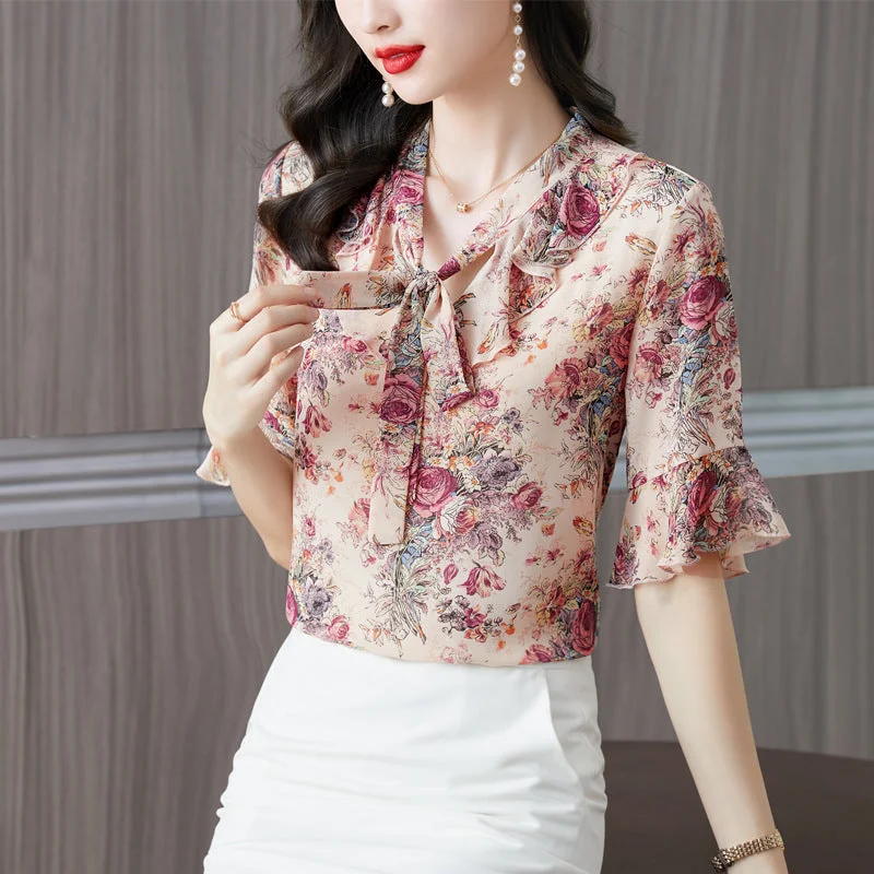 Fragmented Chiffon Shirt Top For Women's Fashionable And Westernized V-neck