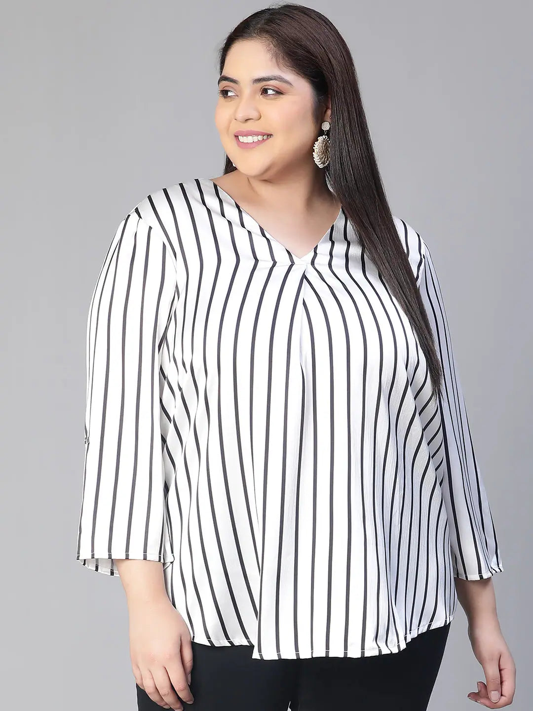 Women white stripe print v-neck long sleeve plus size top