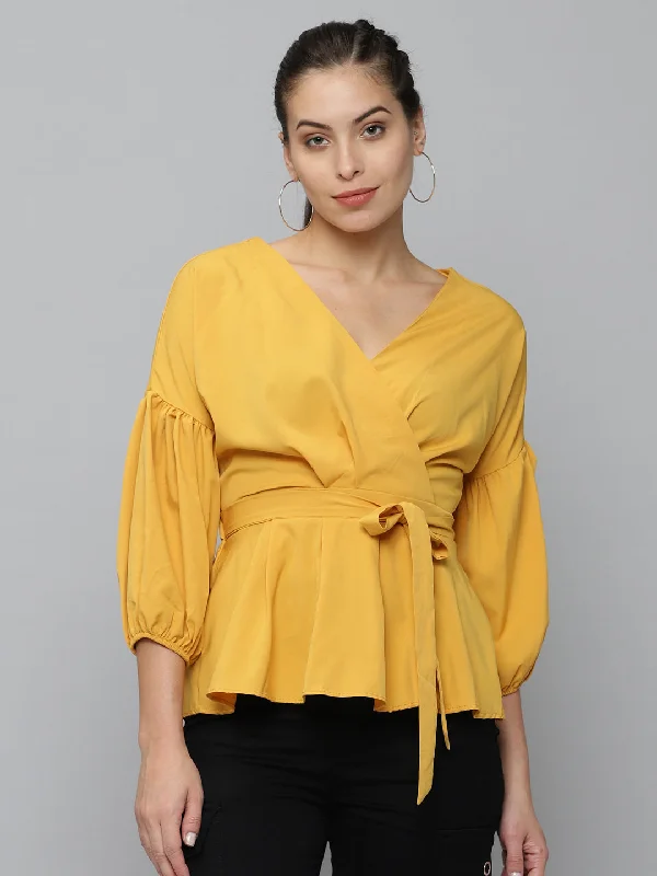 Women V-Neck Solid Mustard Peplum Top-SH-7163-Mustard