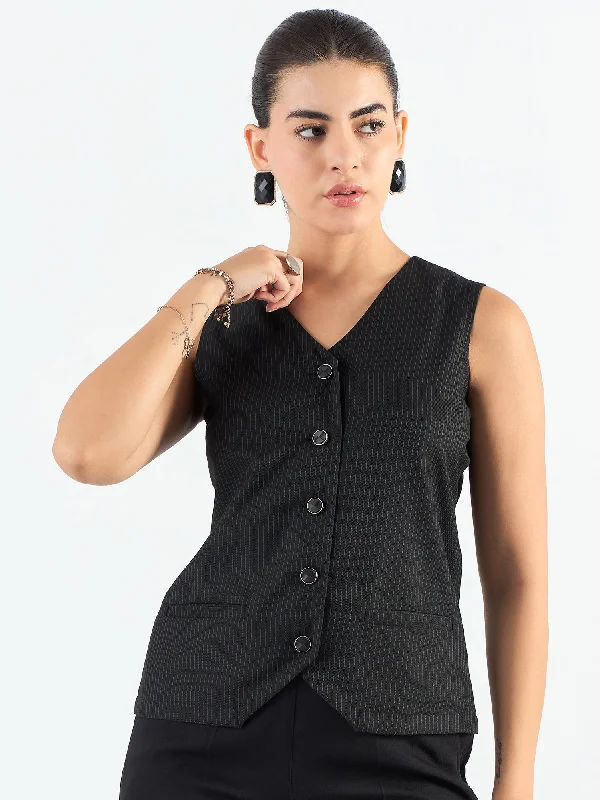 Black Polyester V-Neck Striped Sleeveless Vest Coat