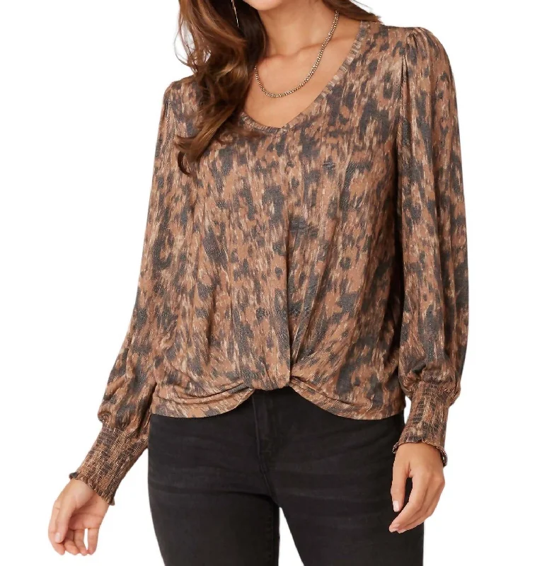 Long Blouson Sleeve V-Neck Twisted Hem Printed Knit Top In Camel