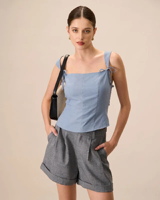 Women's Blue Square Neck Bowknot Tank Top | Blue