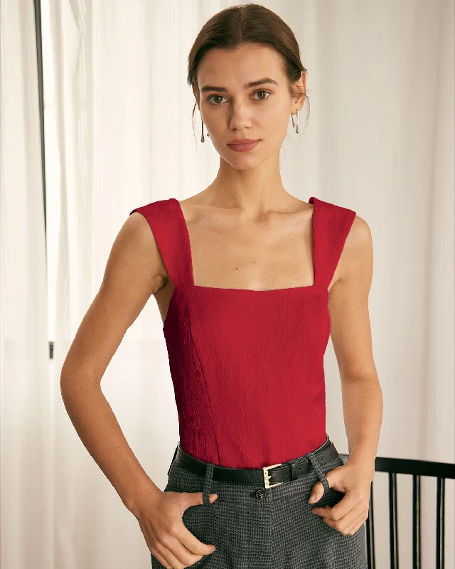 The Red Square Neck Jacquard Tank Top | Red