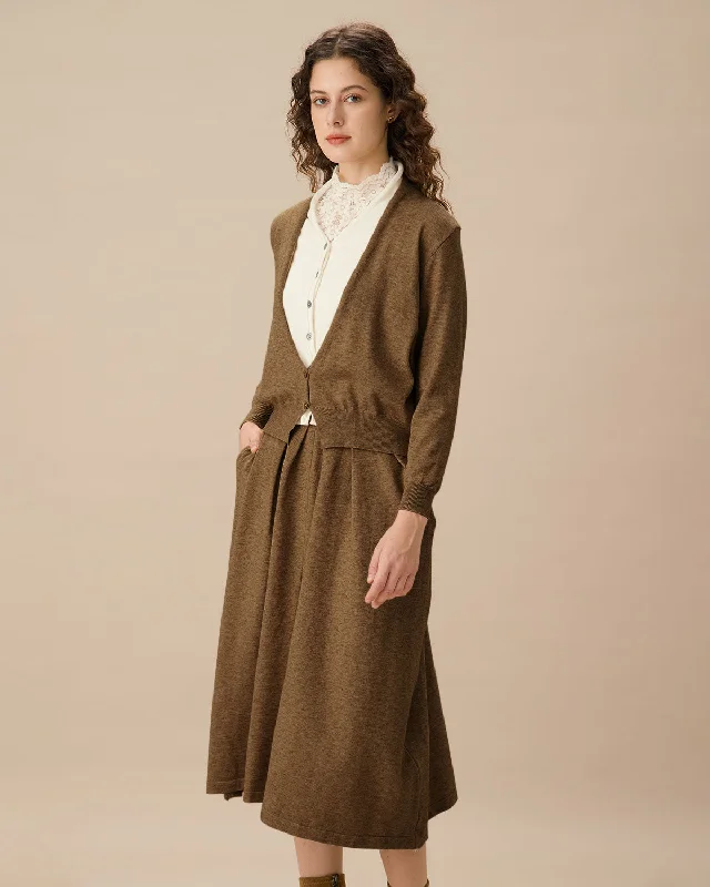 Brown V Neck Cardigan Skirt Set | Coffee