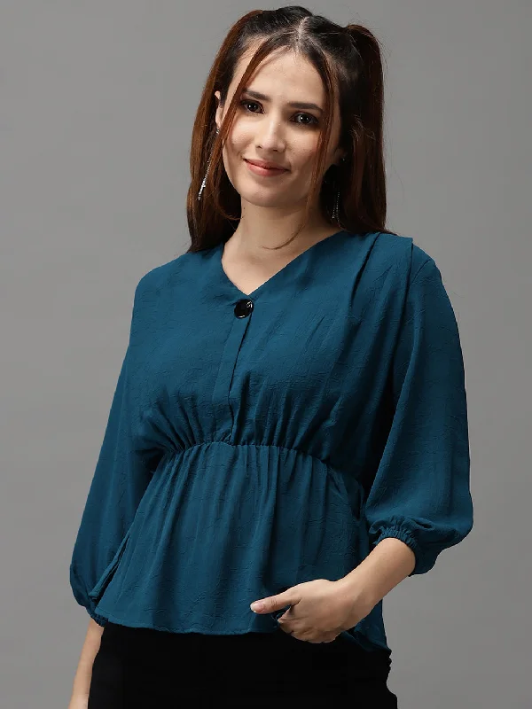 Women V-Neck Solid Teal Peplum Top-SP-878-Teal