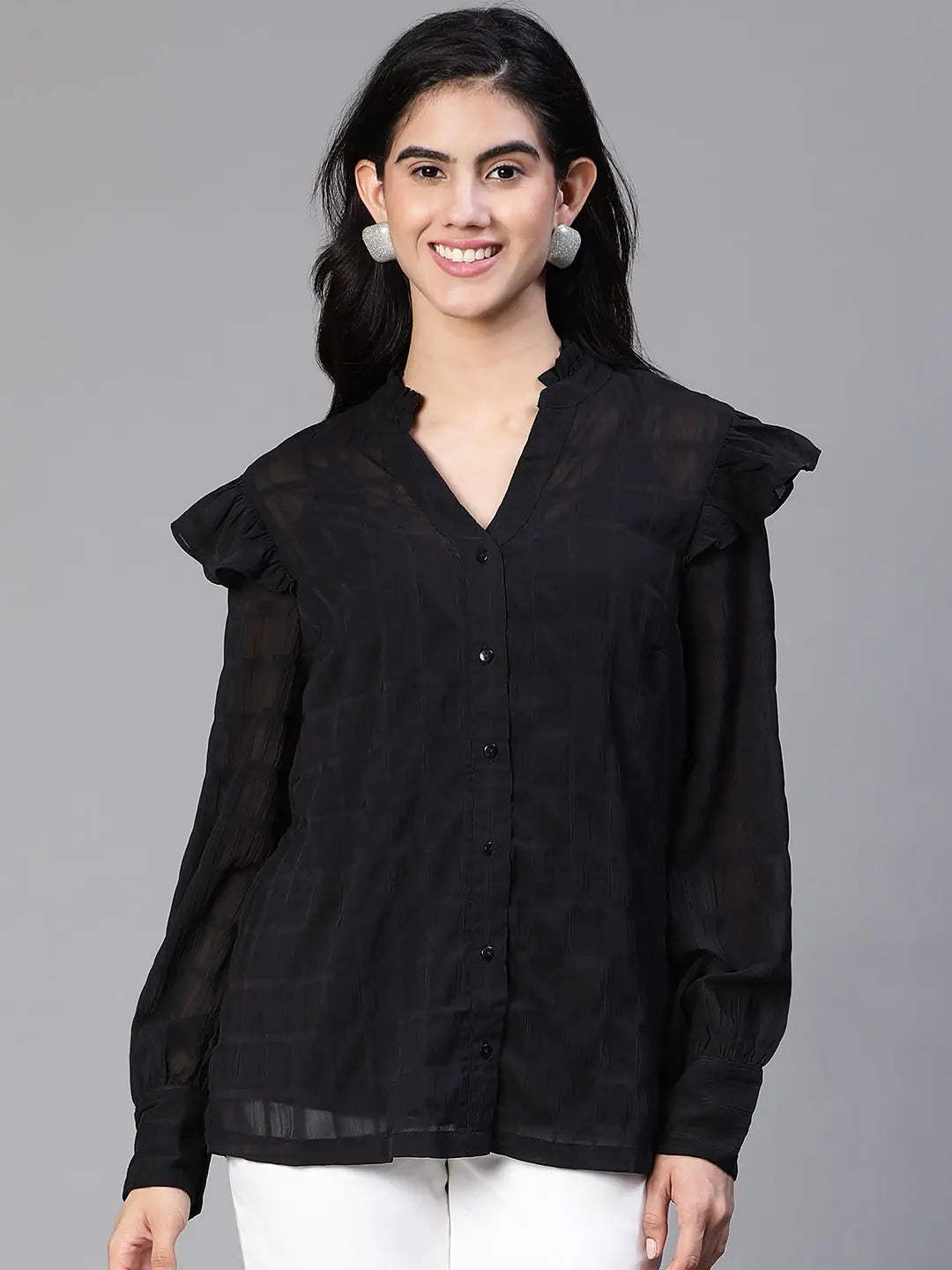 Women black ruffled v-neck long sleeve shirt top