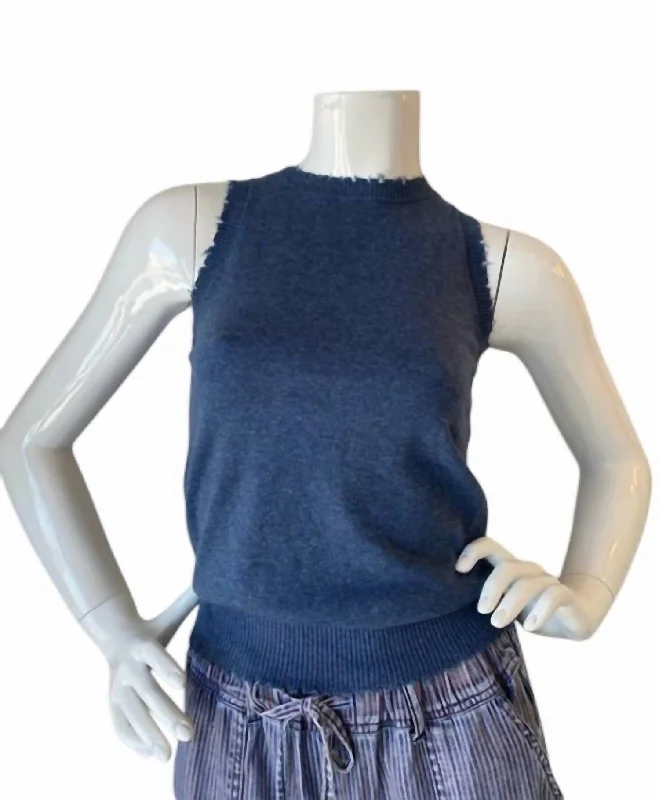 Cotton Cashmere Frayed Tank Top In Blue