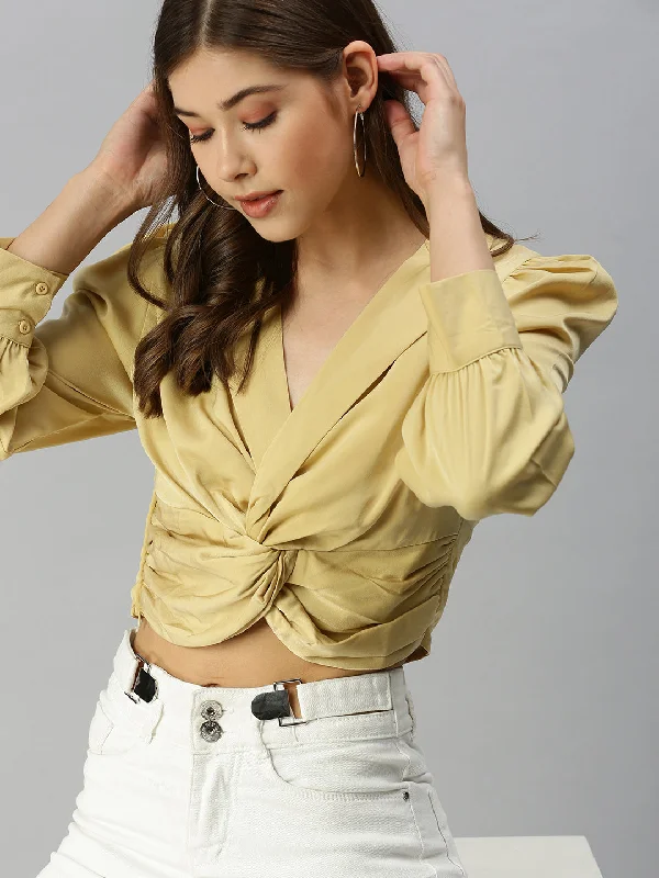 Women V-Neck Solid Yellow Fitted Top-KG-5542-Yellow