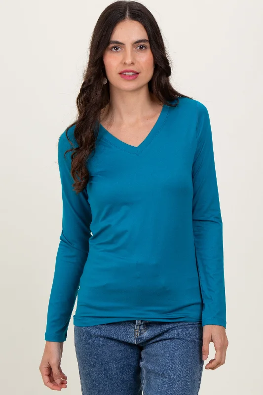 Teal Brushed Knit V-Neck Long Sleeve Top