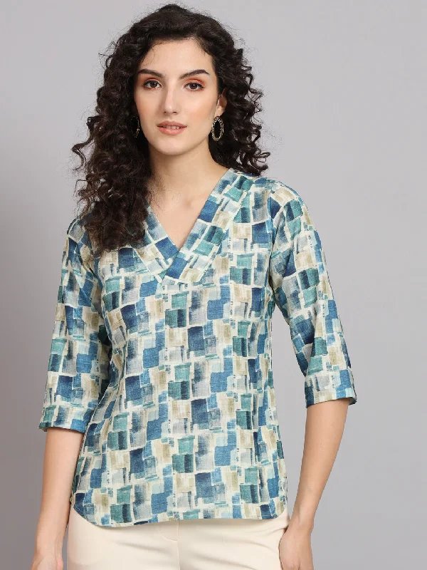 Blue & Green Polyester V-Neck Box Print Top