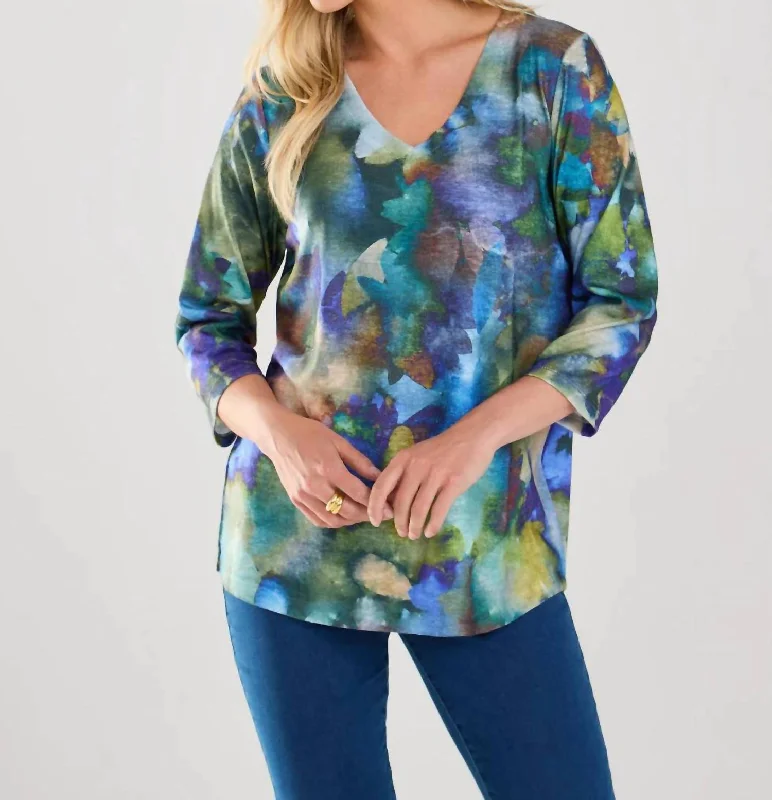 Norah Watercolor V-Neck Top In Blue