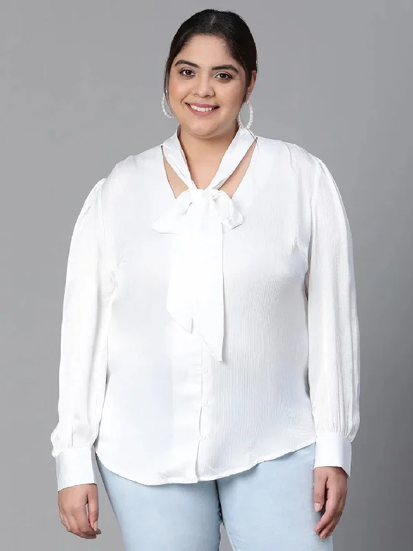 Women Plus Size White V-Neck With Tie-Knot Long Sleeve Top-W23136PBL004