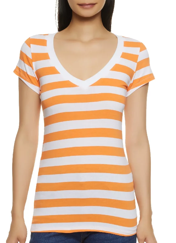 Striped Pattern V Neck T Shirt