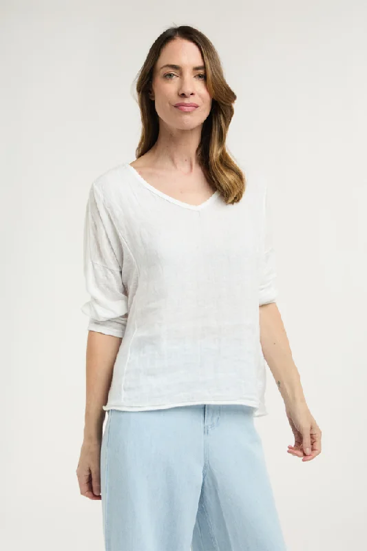 Calypso V-Neck Long Sleeve White Linen Top by Love From Italy