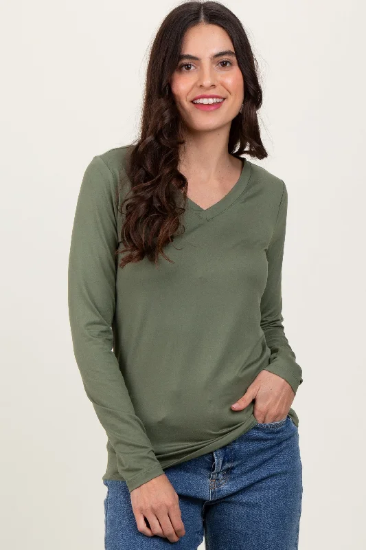 Olive Brushed Knit V-Neck Long Sleeve Top