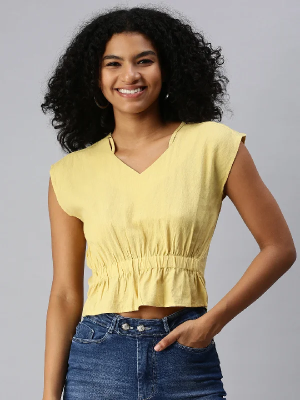 Women V-Neck Solid Yellow Cinched Waist Top-AE-10210-Yellow