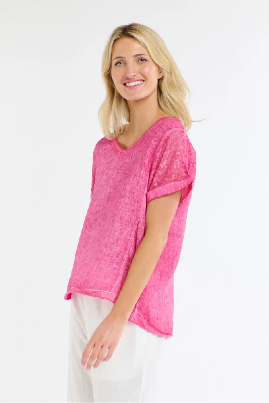 Calypso V-Neck Short Sleeve Fuchsia Linen Top by Love From Italy