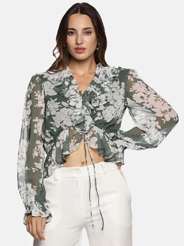 Floral Green V-Neck Blouson Sleeve Top-17416