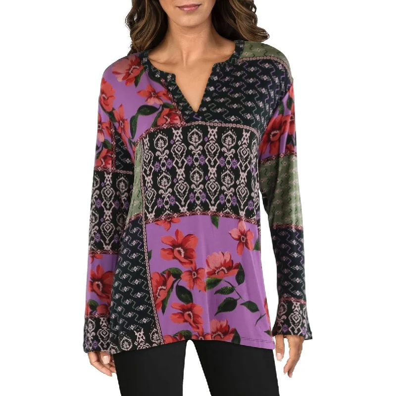 Plus Womens Floral Print Patchwork Blouse