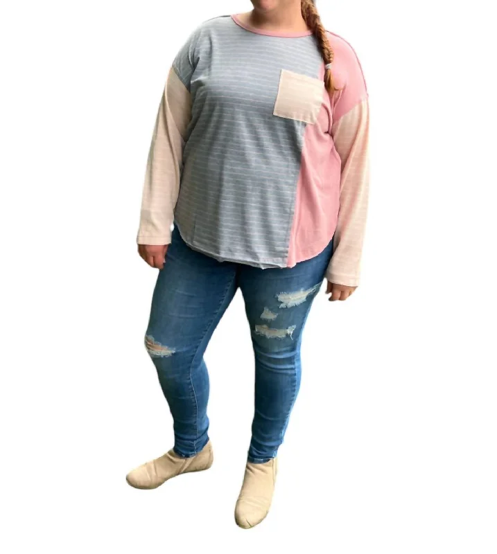 Plus Sized Color Block Long Sleeve In Grey And Pink