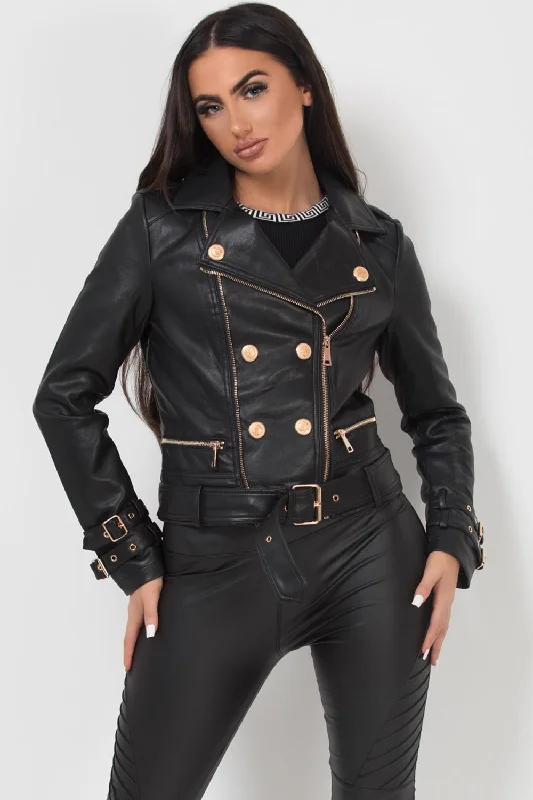 Black Faux Leather Jacket With Gold Button Detail