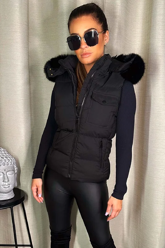 Black Gilet With Faux Fur Hood