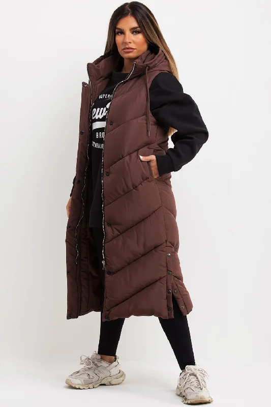 Brown Long Gilet With Chevron Padded Style