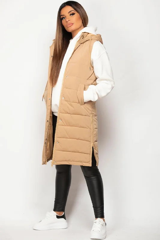 Camel Padded Longline Hooded Gilet