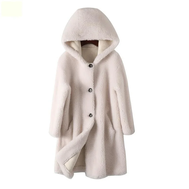 Casual Winter Korean Women's Sheep Shearling Wool Hooded Coat & Jackets