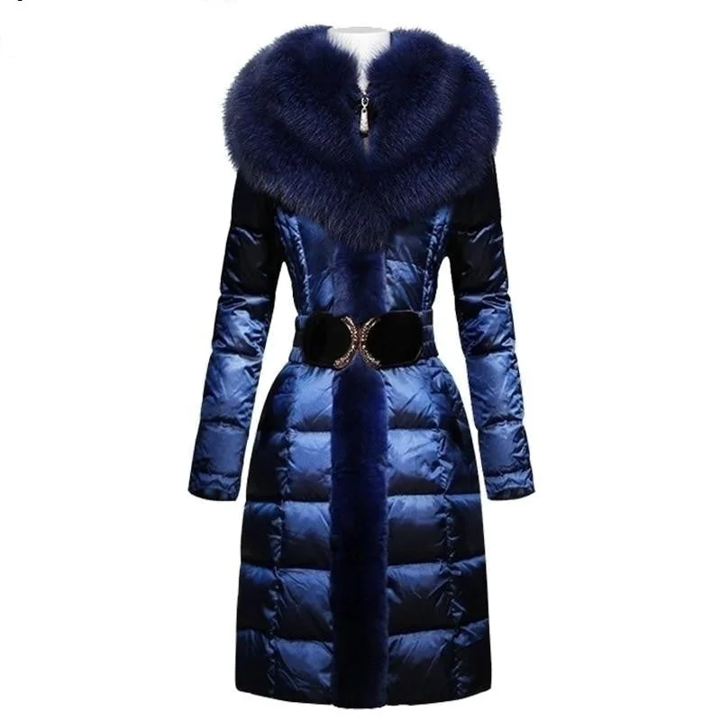 Elegant Fashion Ladies Fox Fur Collor Slim Winter Warm Long Down Jacket