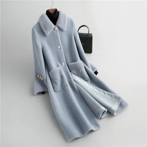 Elegant Winter Korean Women's Sheep Shearling Wool Long Coats & Jackets