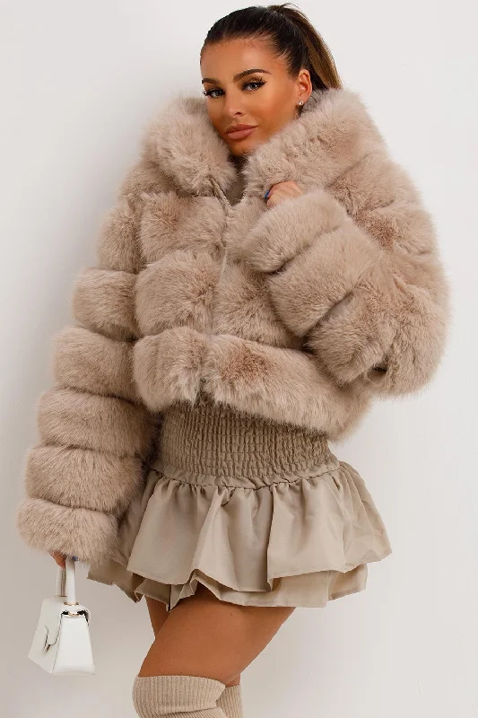 Faux Fur Coat With Hood Beige