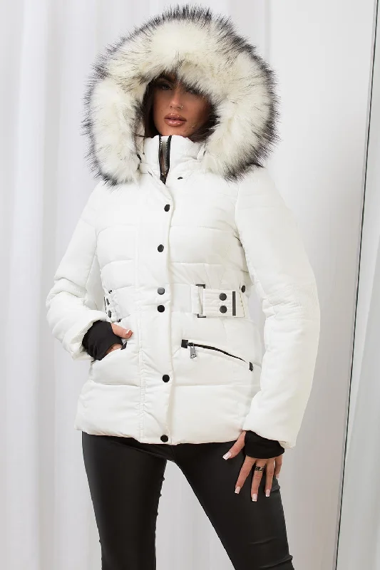 Faux Fur Hood Puffer Jacket With Buckle Belt White