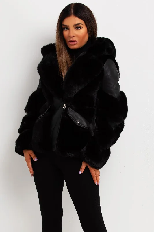 Faux Fur Lined Faux Leather Aviator Jacket Black