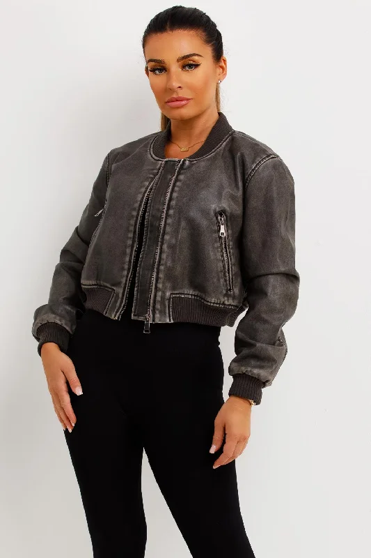 Faux Leather Bomber Jacket Grey