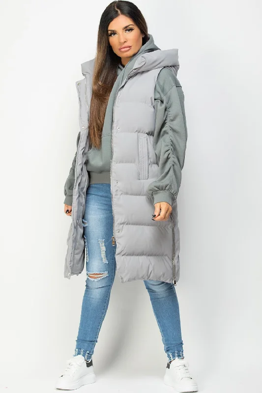 Grey Padded Longline Hooded Gilet