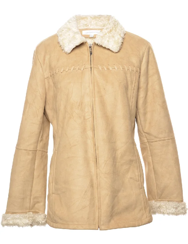 Light Brown Shearling Lined Zip-Front Jacket - M