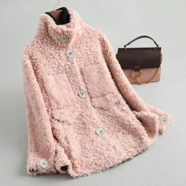 Winter Casual Korean Women's Sheep Shearling Wool Fur Coats & Jackets