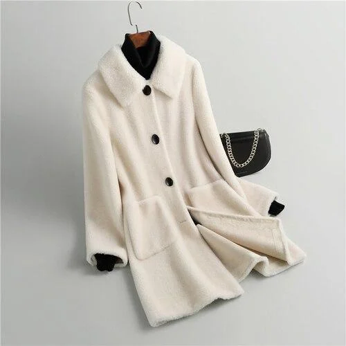 Winter Casual Women's Knitted Sheep Shearling Wool Pocket Coats & Jackets