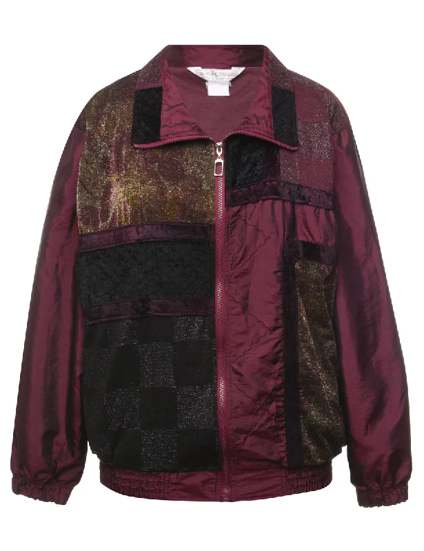 Zip-Front Burgundy & Black Glittery Patchwork Jacket - L