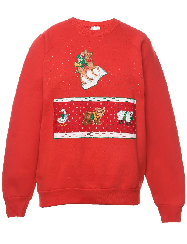 Red Christmas Animal Design Sweatshirt - L